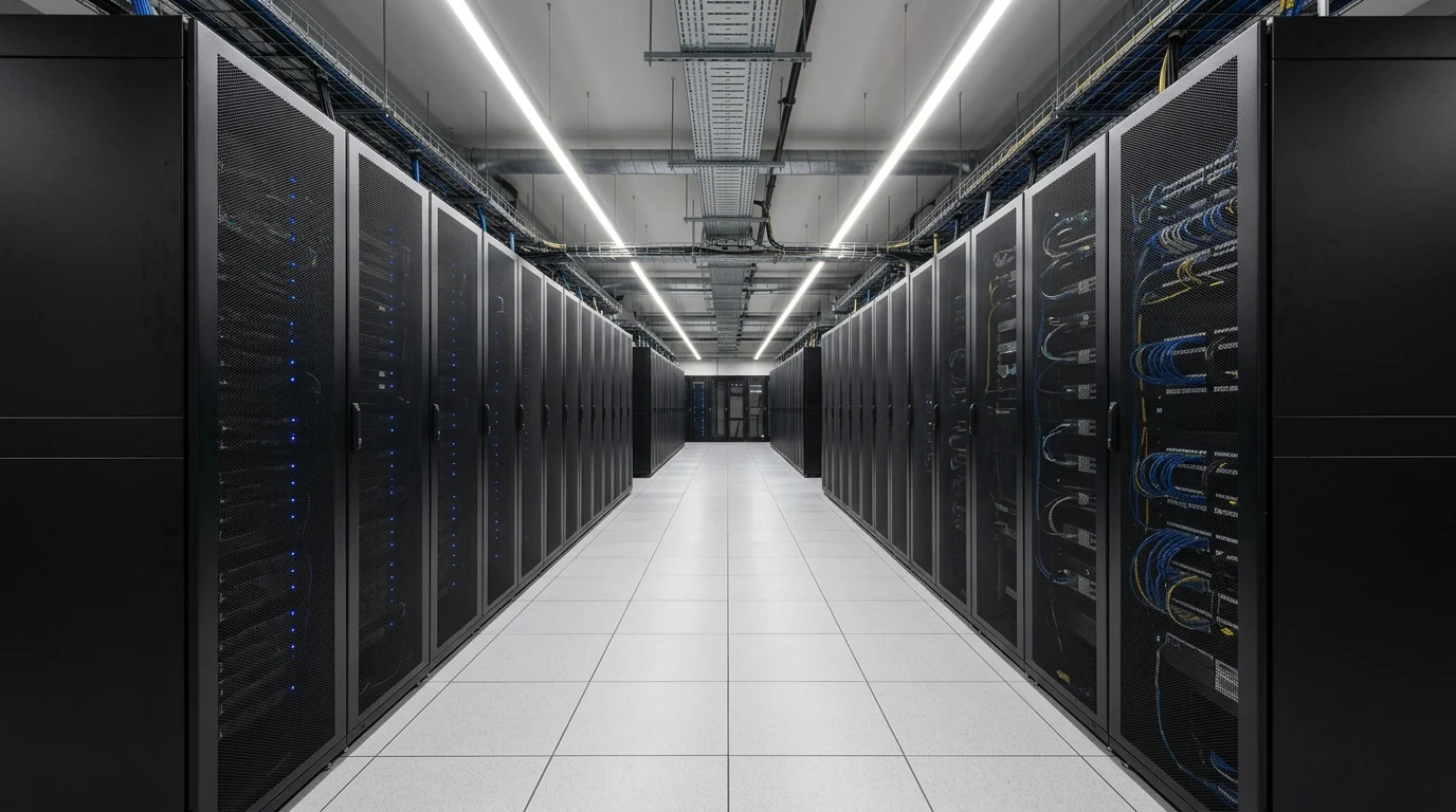 Clean on-premises enterprise GPU server room corridor