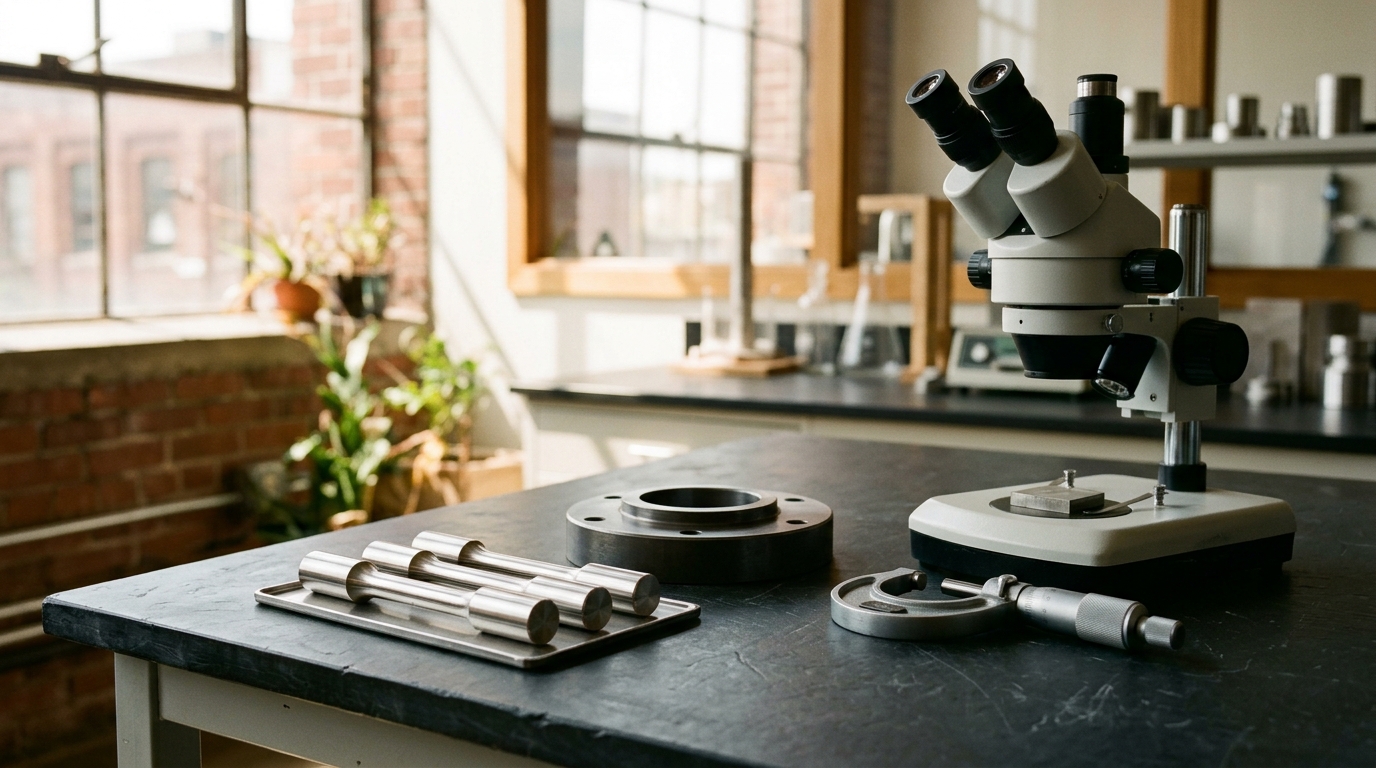 Stainless steel tensile test specimens, machined steel flange ring, micrometer, and stereo microscope in a metallurgy quality lab