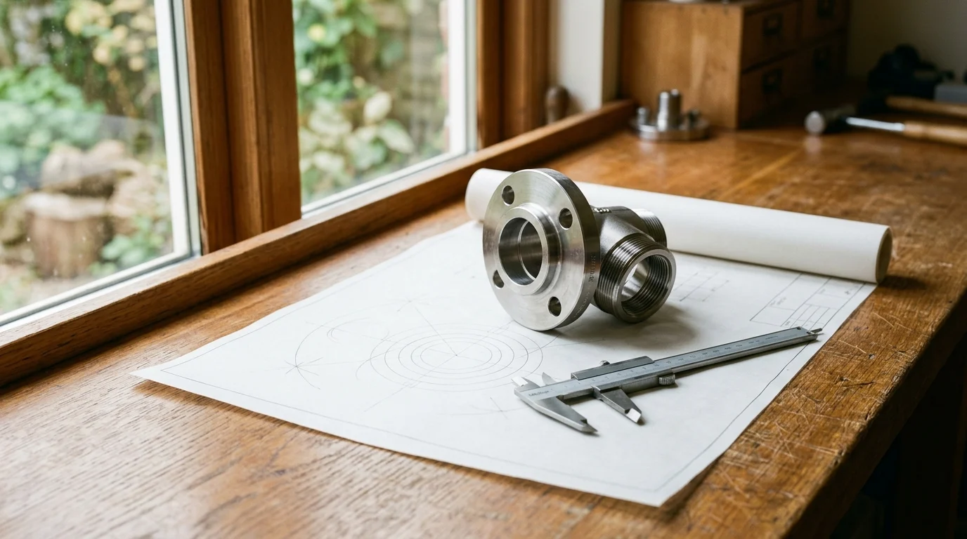 Precision machined flange and engineering drafting vellum on oak workbench