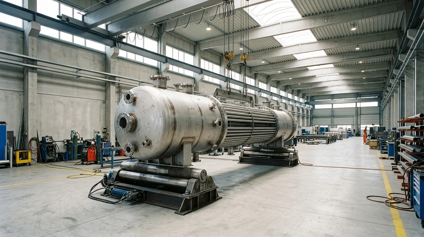 Newly fabricated stainless steel pressure vessel and shell-and-tube heat exchanger on heavy turning rollers in a modern fabrication bay