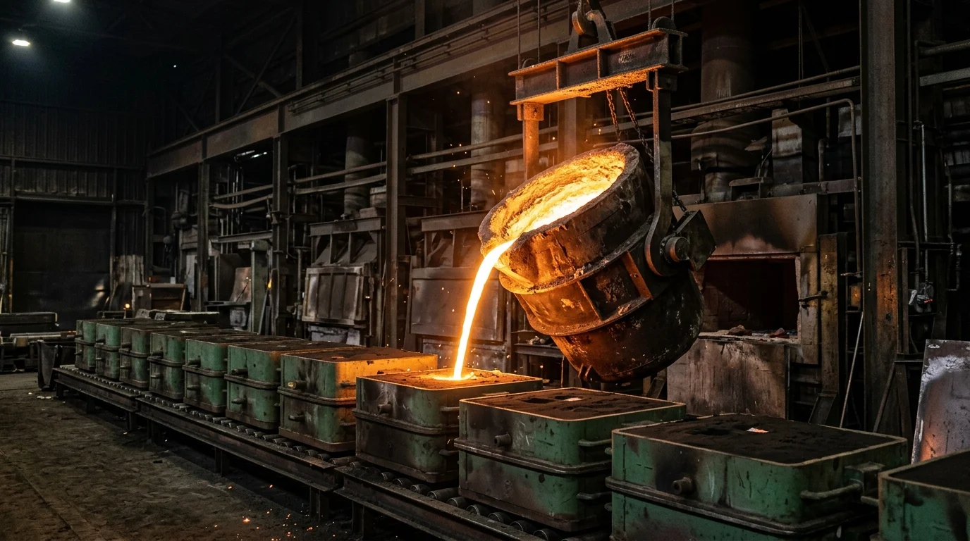 Molten steel pouring from a refractory ladle into precision sand casting molds inside a metallurgical foundry