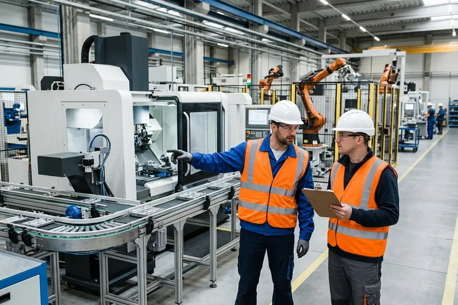 Manufacturing engineers in safety gear reviewing production equipment on a factory floor