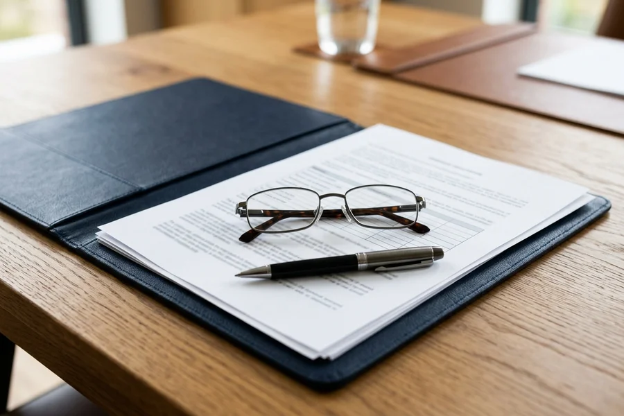 A professional desk workspace with a document folder containing blurred verification forms, reading glasses, and a pen.