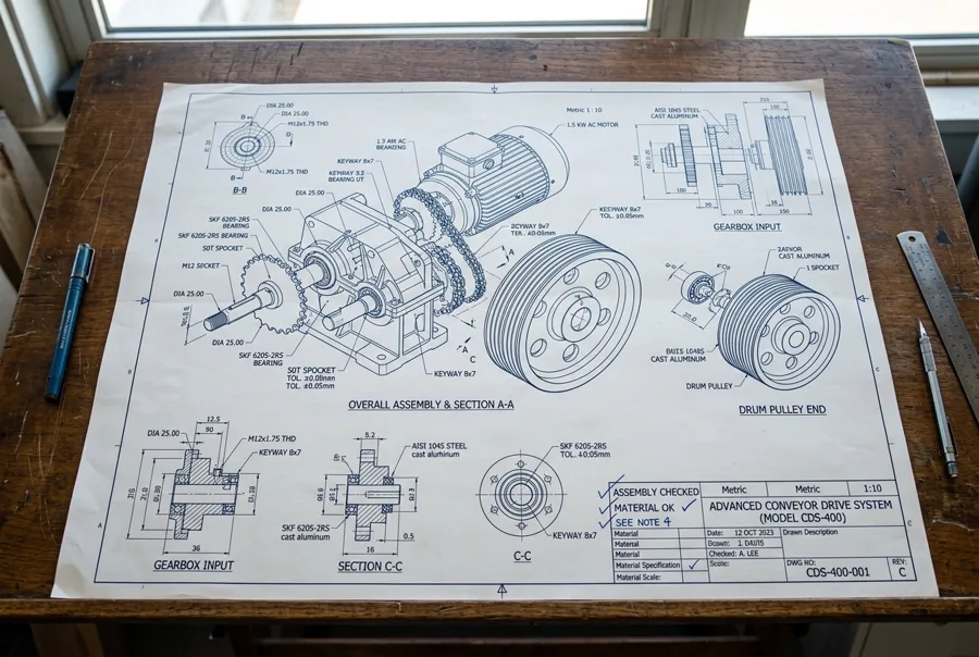 Close-up view of printed engineering drawing blueprints.