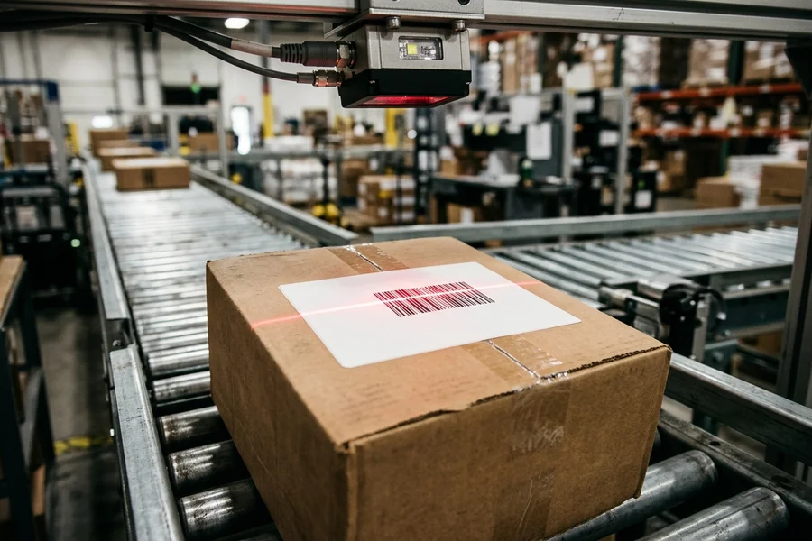 An automated red laser scanning a barcode on a blank white shipping label on a cardboard box moving along a conveyor line.