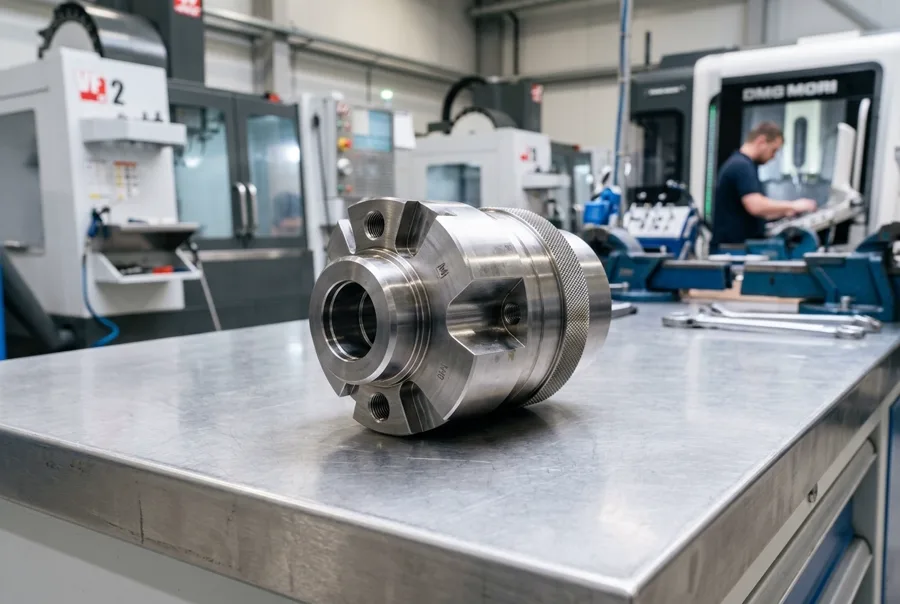 Precision machined industrial component on an inspection table in a manufacturing facility