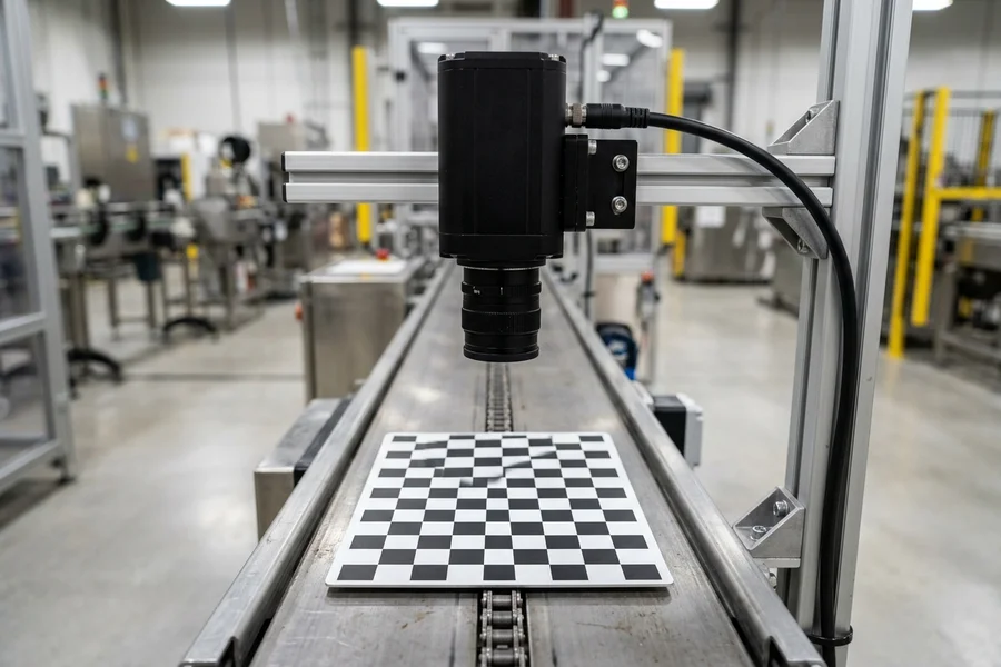 An industrial machine vision camera aligned over a checkerboard calibration target plate on a conveyor belt