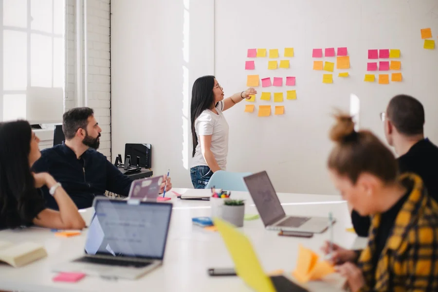 Corporate team members reviewing internal talent progression and strategy