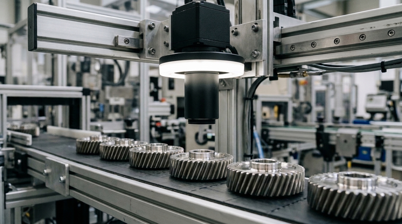 Inline telecentric optical camera lens and diffused LED ring light inspecting precision machined stainless steel helical gears